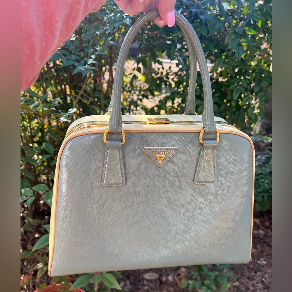 Prada Lago Blue Saffiano Vernice Top Handle Lux Leather Pyramid Frame Bag